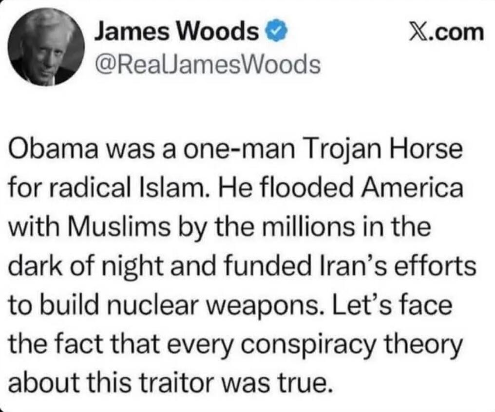 James Woods @RealJamesWoods X.com Obama was a one-man Trojan Horse for radical Islam. He flooded America with Muslims by the millions in the dark of night and funded Iran's efforts to build nuclear weapons. Let's face the fact that every conspiracy theory about this traitor was true.