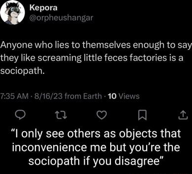 Kepora J orpheushangar Anyone who lies to themselves enough to say they like screaming little feces factories is a sociopath e V R l only see others as objects that inconvenience me but youre the sociopath if you disagree