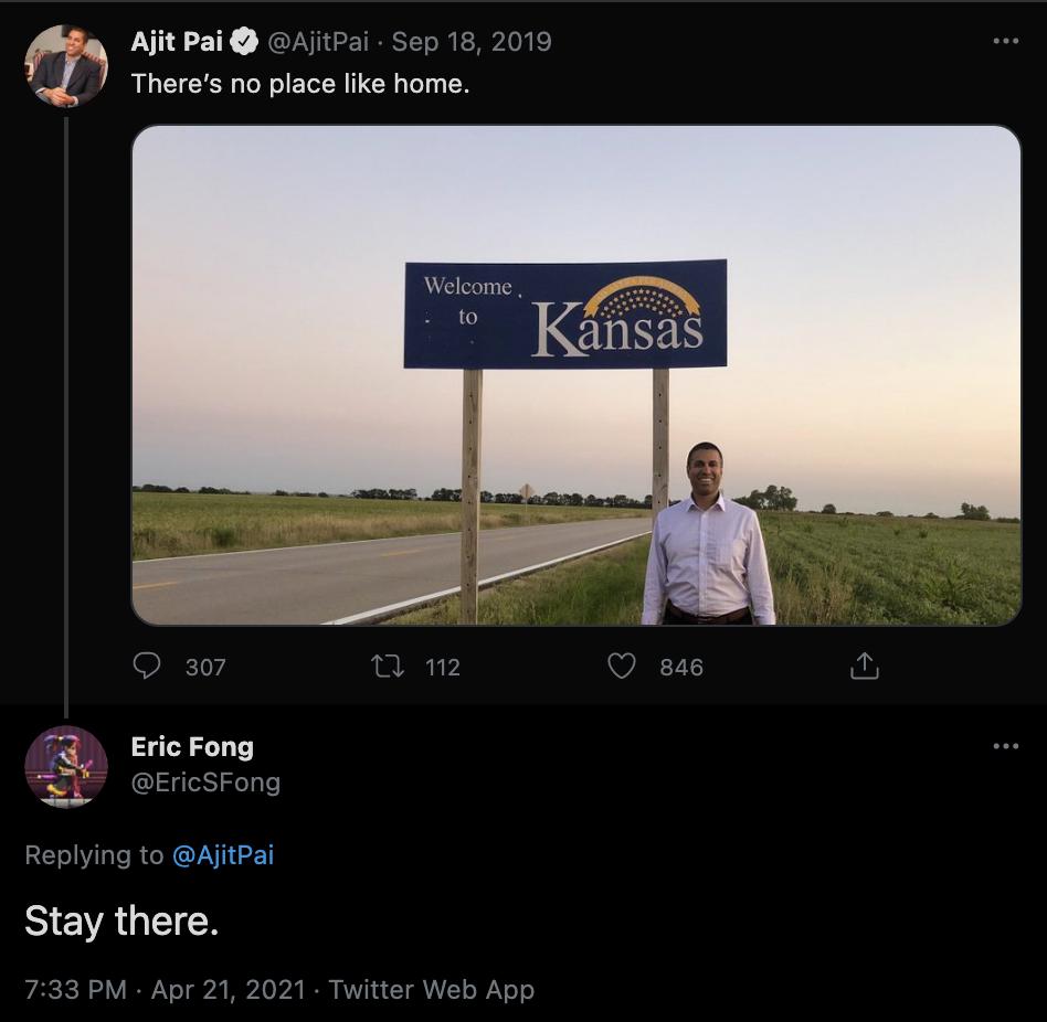 rx Ajit Pai AjitPai Sep 18 2019 i Theres no place like home 307 n 12 Q 846 Eric Fong EricSFong R R ICET Stay there PECKE Y IRVl gk Mo A I RN Tt o N o o