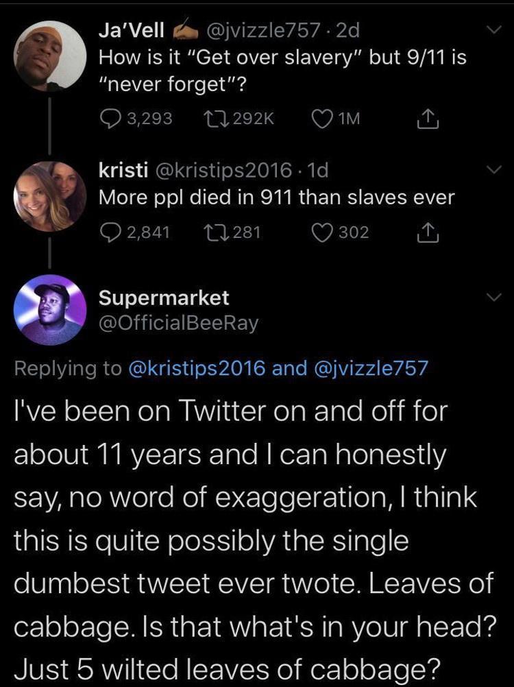 D D JaVell m jvizzle757 2d How is it Get over slavery but 911 is never forget 3203 11202k Q1 kristi kristips2016 1d More ppl died in 911 than slaves ever Q2841 1281 Wil Supermarket OfficialBeeRay Replying to kristips2016 and jvizzle767 Ive been on Twitter on and off for EEolelUlg 11 years and can honestly say no word of exaggeration think this is quite possibly the single dumbest tweet ever twote 