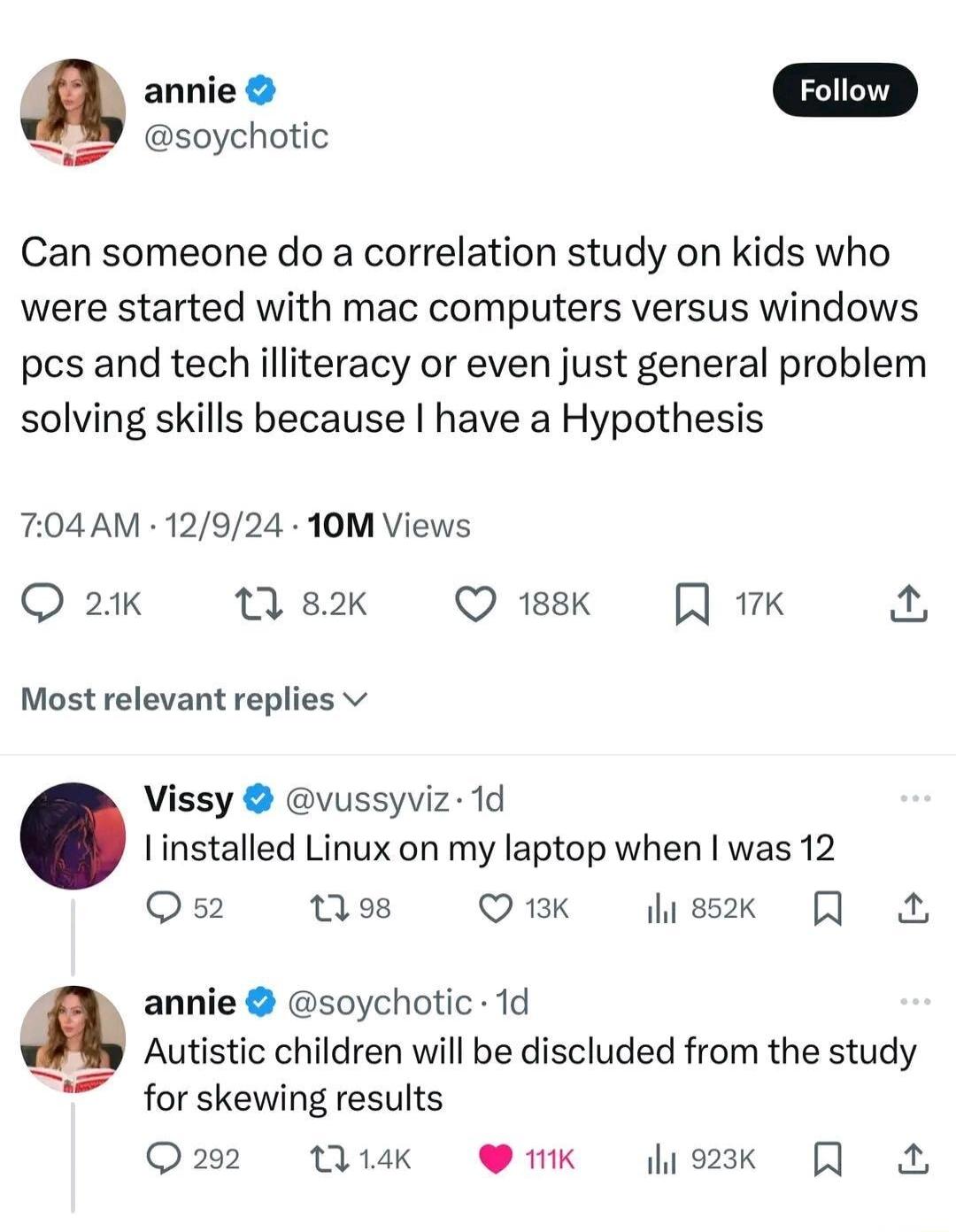 g annie soychotic Can someone do a correlation study on kids who were started with mac computers versus windows pcs and tech illiteracy or even just general problem solving skills because have a Hypothesis T04AM 12924 10M Views Q 21k 1 82k Q 188K R 7k X Most relevant replies v Vissy vussyviz 1d linstalled Linux on my laptop when was 12 Qs2 198 Q 13K sk Q annie soychotic 1d Autistic children will b