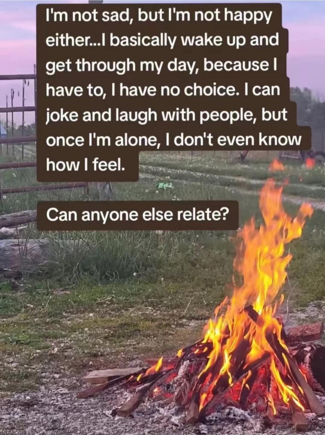I'm not sad, but I'm not happy either...I basically wake up and get through my day, because I have to, I have no choice. I can joke and laugh with people, but once I'm alone, I don't even know how I feel. Can anyone else relate?