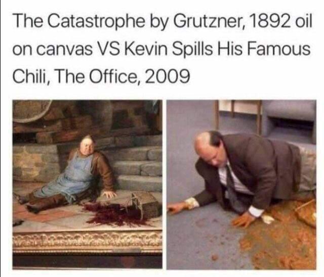 The Catastrophe by Grutzner 1892 oil on canvas VS Kevin Spills His Famous Chili The Office 2009