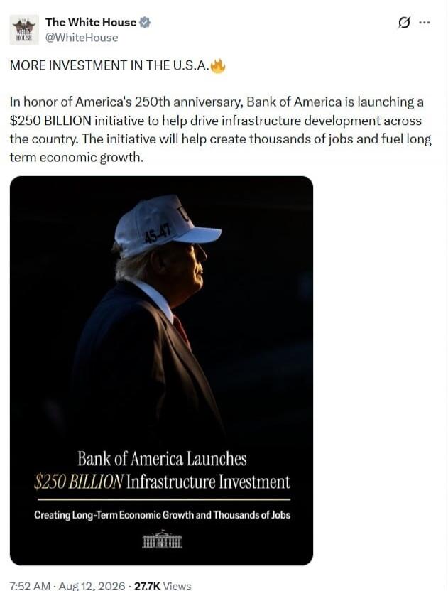 MORE INVESTMENT IN THE U.S.A. In honor of America's 250th anniversary, Bank of America is launching a $250 BILLION initiative to help drive infrastructure development across the country. The initiative will help create thousands of jobs and fuel long term economic growth. Bank of America Launches $250 BILLION Infrastructure Investment Creating Long