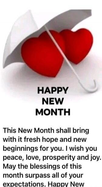 HAPPY NEW MONTH This New Month shall bring with it fresh hope and new beginnings for you. I wish you peace, love, prosperity and joy. May the blessings of this month surpass all of your expectations. Happy New
