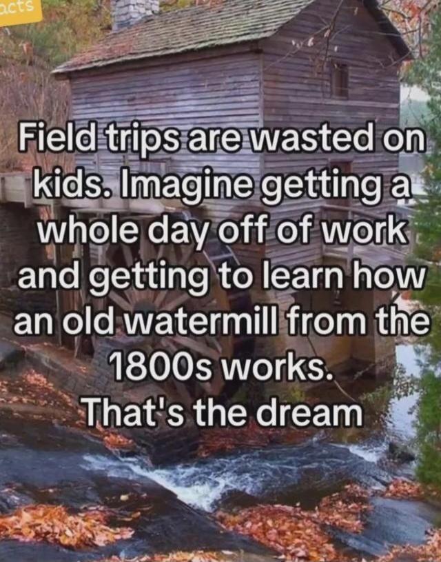 facts Field trips are wasted on kids. Imagine getting a whole day off of work and getting to learn how an old watermill from the 1800s works. That's the dream