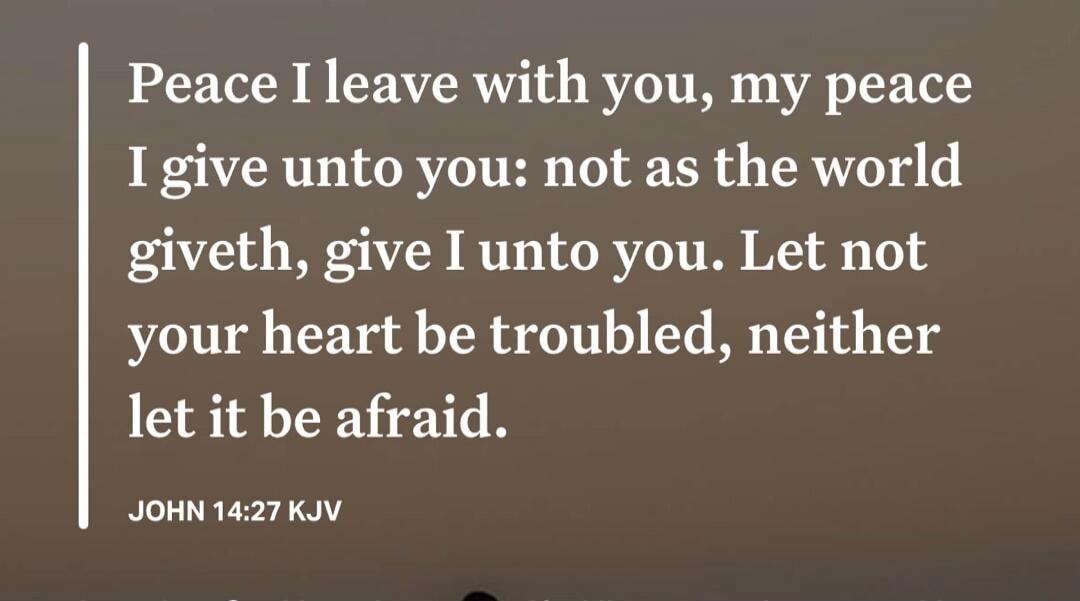 Peace I leave with you, my peace I give unto you: not as the world giveth, give I unto you. Let not your heart be troubled, neither let it be afraid. JOHN 14:27 KJV