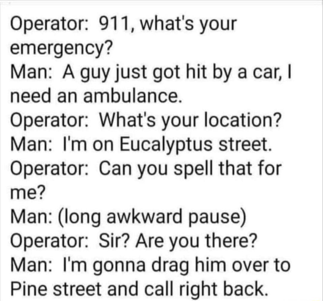 Operator 911 whats your emergency Man A guy just got hit by a car need an ambulance Operator Whats your location Man Im on Eucalyptus street Operator Can you spell that for me Man long awkward pause Operator Sir Are you there Man Im gonna drag him over to Pine street and call right back