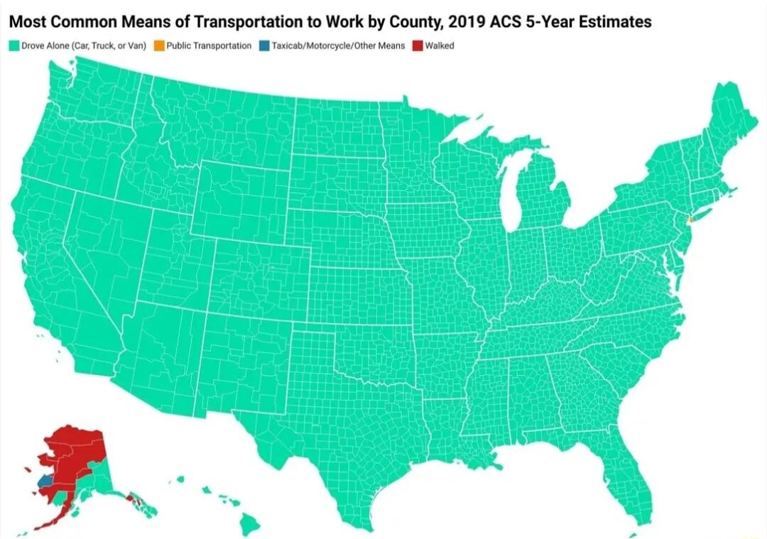 Most Common Means of Transportation to Work by County 2019 ACS Year Estimates