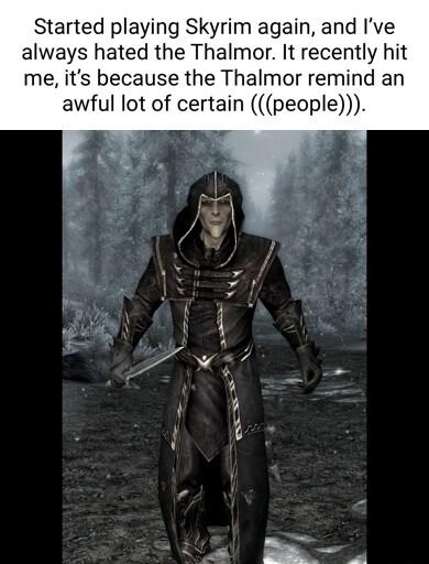 Started playing Skyrim again and Ive always hated the Thalmor It recently hit me its because the Thalmor remind an awful lot of certain people