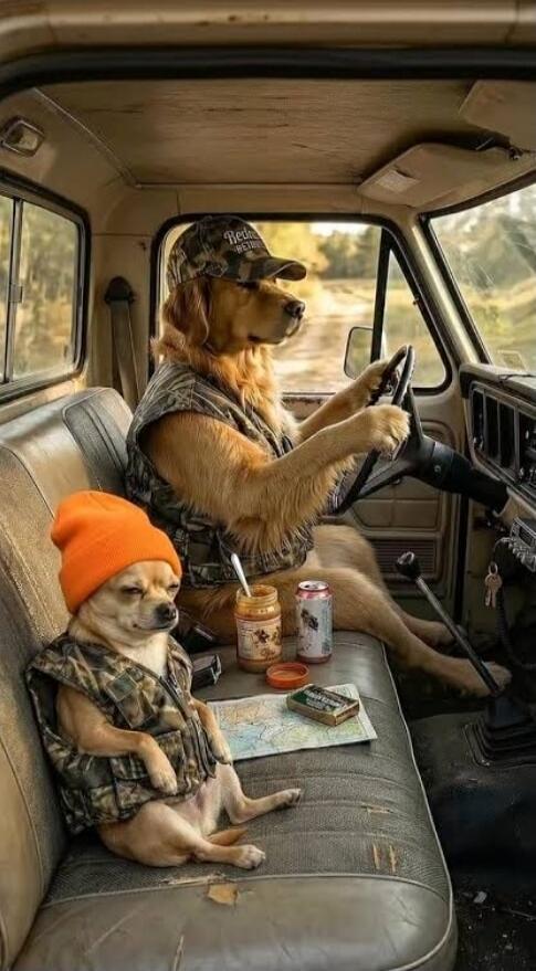 A golden retriever wearing a camouflage vest and a 'Redneck' hat is behind the wheel of an old pickup truck. A small chihuahua in an orange beanie and a matching camouflage vest sits in the passenger seat, looking serious. On the seat between them are a jar of peanut butter with a spoon, a can, a map, and a small box.