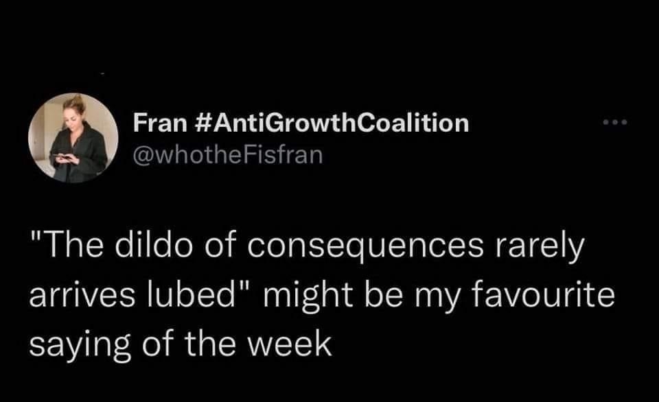 Fran AntiGrowthCoalition GGG ED The dildo of consequences rarely arrives lubed might be my favourite saying of the week 1007 AM 101322 Twitter Web App