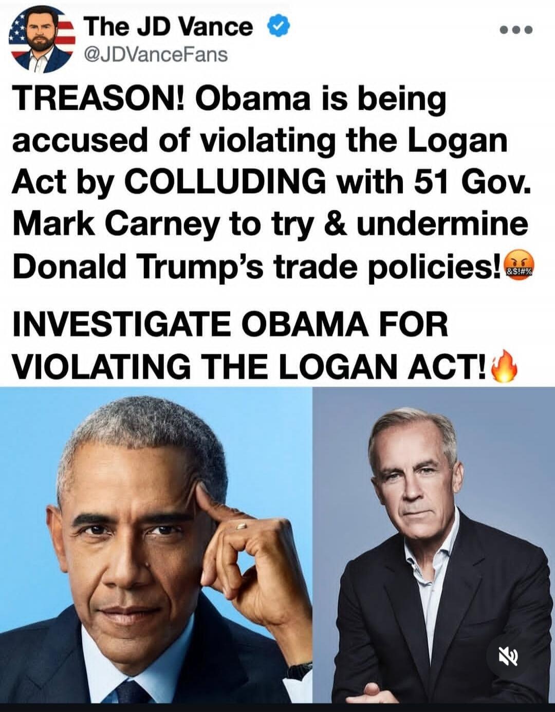 The JD Vance @JDVanceFans TREASON! Obama is being accused of violating the Logan Act by COLLUDING with 51 Gov. Mark Carney to try & undermine Donald Trump's trade policies! INVESTIGATE OBAMA FOR VIOLATING THE LOGAN ACT!