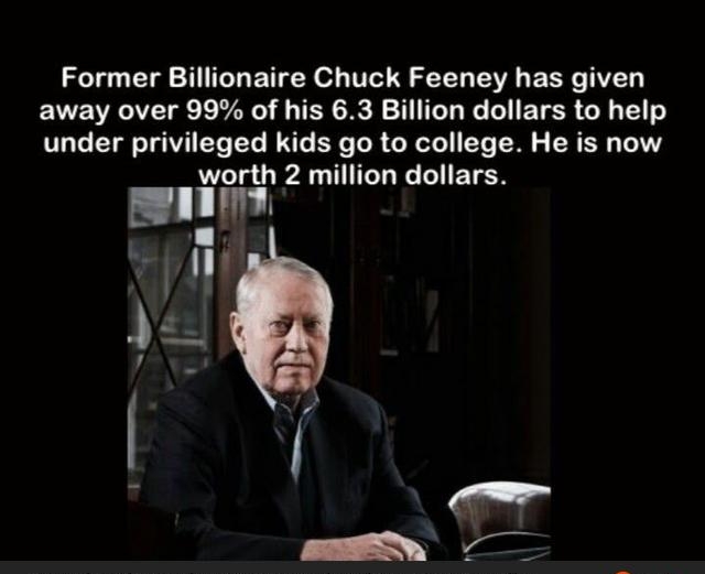 Former Billionaire Chuck Feeney has given away over 99 of his 63 Billion dollars to help under privileged kids go to college He is now worth PARTITL e TN 4