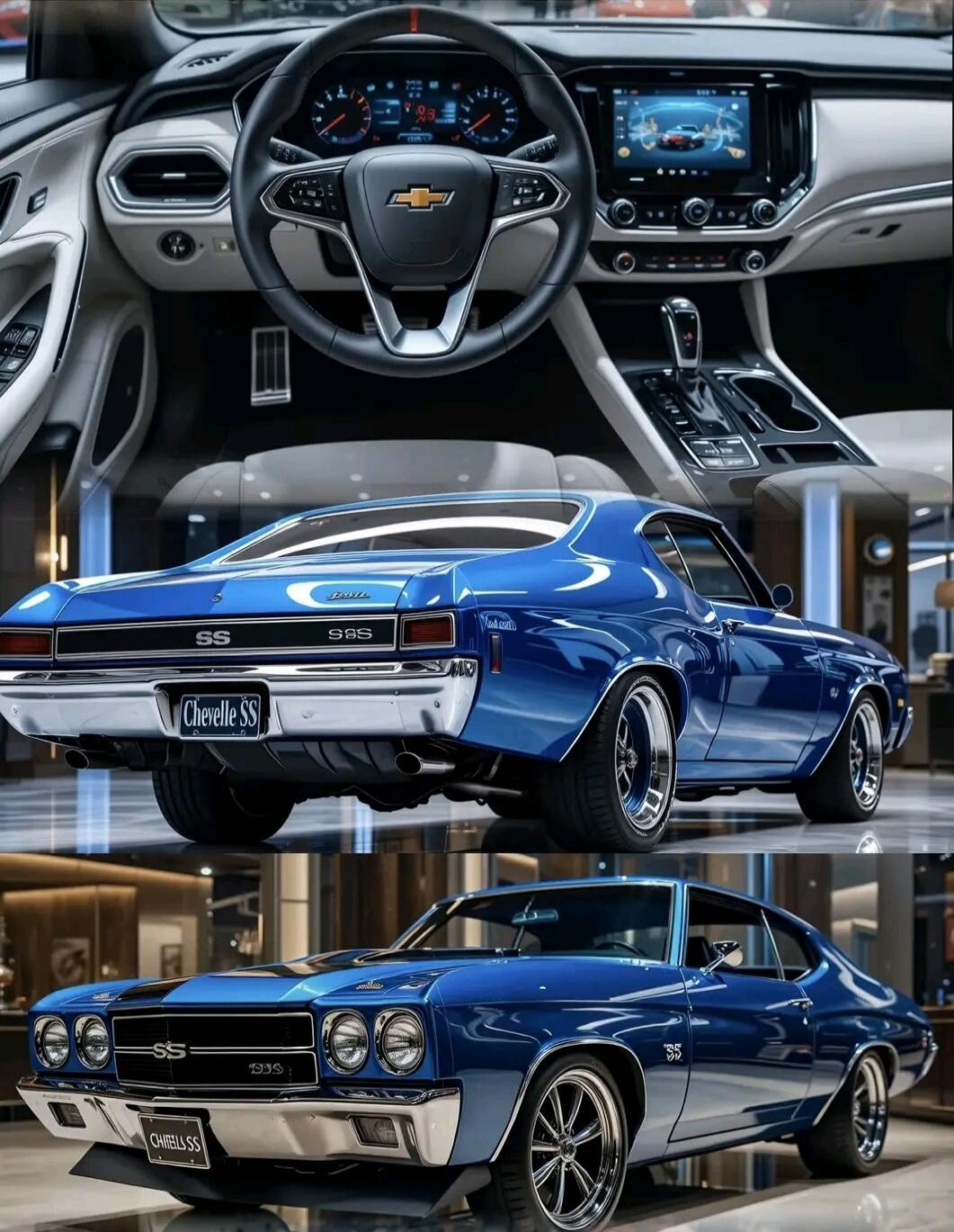 Chevelle SS (rear view) with SS 396 badging; blue classic Chevrolet Chevelle parked indoors; interior dashboard and steering wheel visible; license plate reads 'Chevelle SS'.
