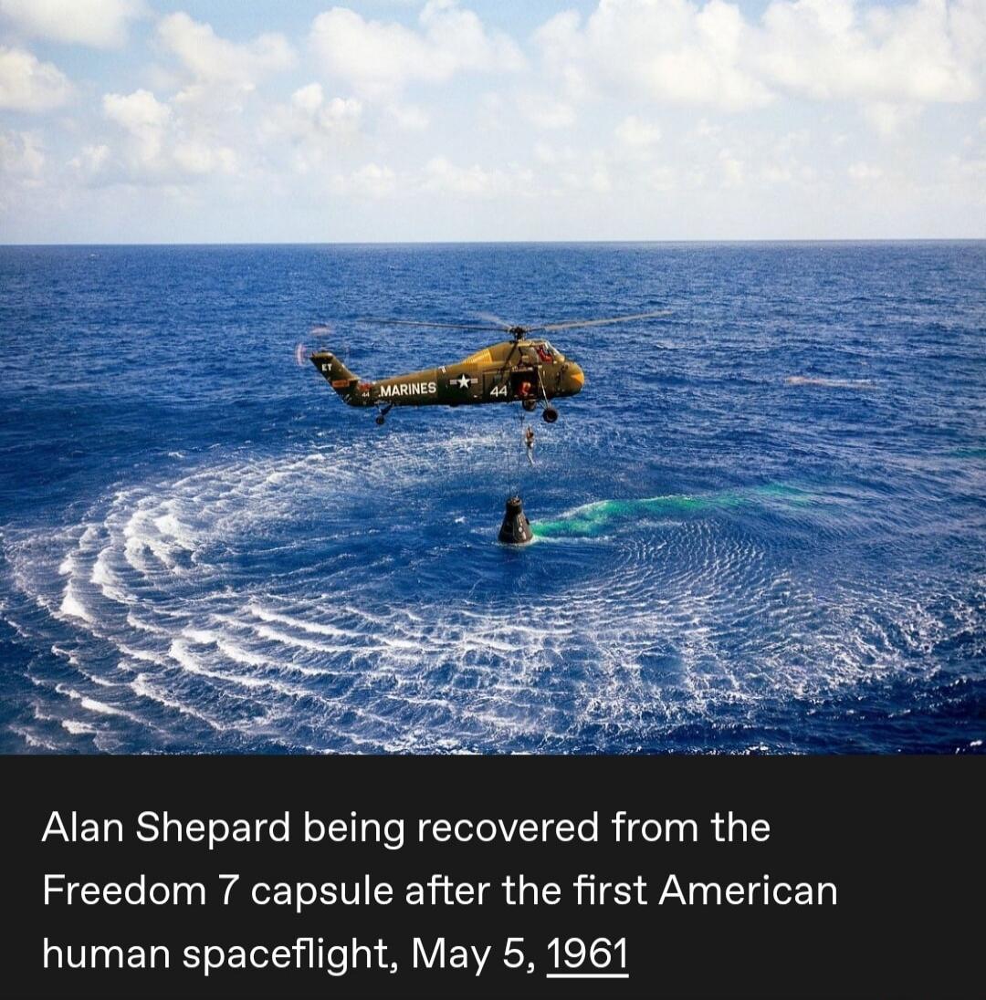 Alan Shepard being recovered from the Freedom 7 capsule after the first American human spaceflight, May 5, 1961