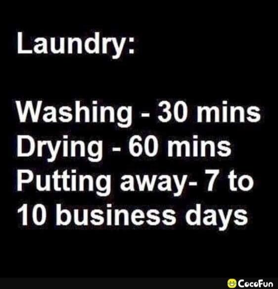 Laundry: Washing - 30 mins Drying - 60 mins Putting away - 7 to 10 business days