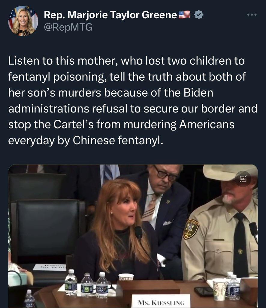 Rep Marjorie Taylor Greene 9 RepMTG Listen to this mother who lost two children to LEERV T ER CIRGERGN G s To T d sTol s ko her sons murders because of the Biden administrations refusal to secure our border and stop the Cartels from murdering Americans everyday by Chinese fentanyl