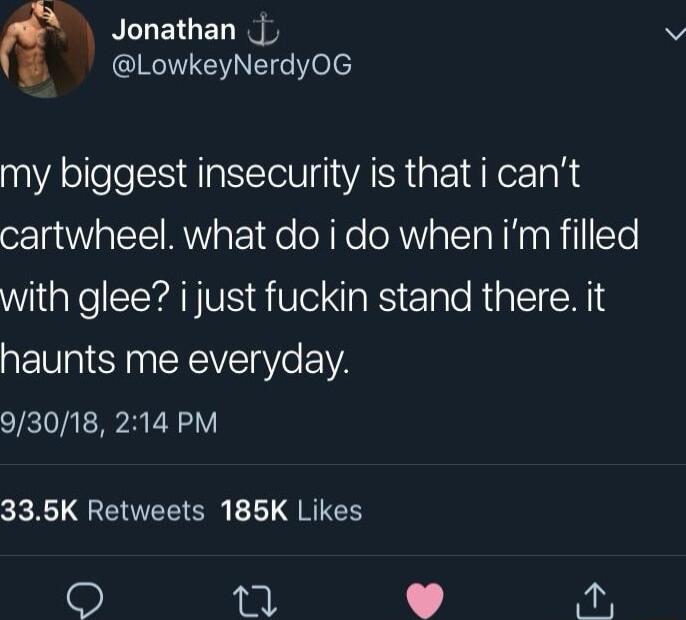 Jonathan QEVIENEIeele my biggest insecurity is that i cant cartwheel what do i do when im filled WiaKe YA VS Ve IS Elale RiglElN3 haunts me everyday 93018 214 PM 335K Retweets 185K Likes R