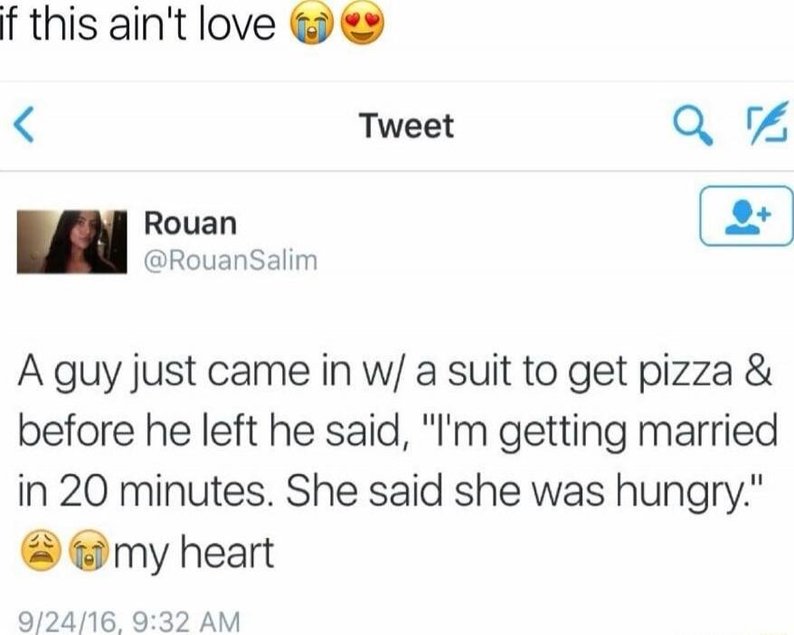 A guy just came in w/ a suit to get pizza & before he left he said, 