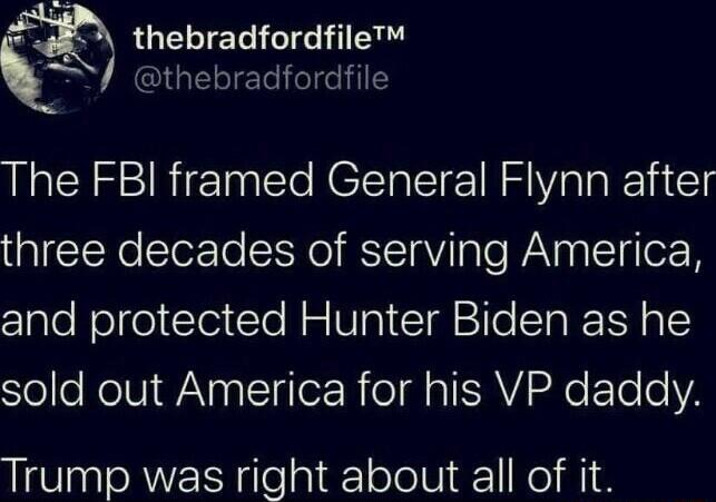 thebradfordfile thebradfordfile The FBI framed General Flynn after three decades of serving America and protected Hunter Biden as he oo ReINI nalIgTor R o a TV SNo To oV Trump was right about all of it
