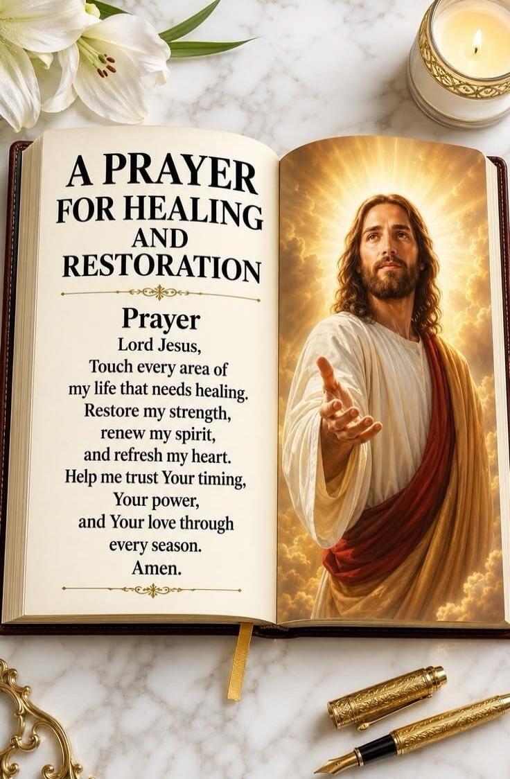 A PRAYER FOR HEALING AND RESTORATION Prayer Lord Jesus, Touch every area of my life that needs healing. Restore my strength, renew my spirit, and refresh my heart. Help me trust Your timing, Your power, and Your love through every season. Amen.