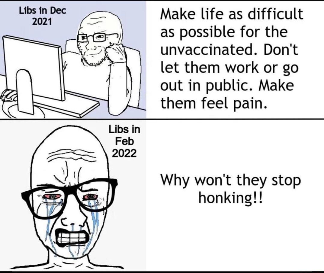 Make life as difficult as possible for the unvaccinated Dont let them work or go out in public Make them feel pain Why wont they stop honking