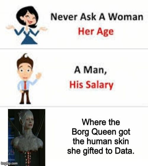 Never Ask A Woman Her Age
A Man, His Salary
Where the Borg Queen got the human skin she gifted to Data.