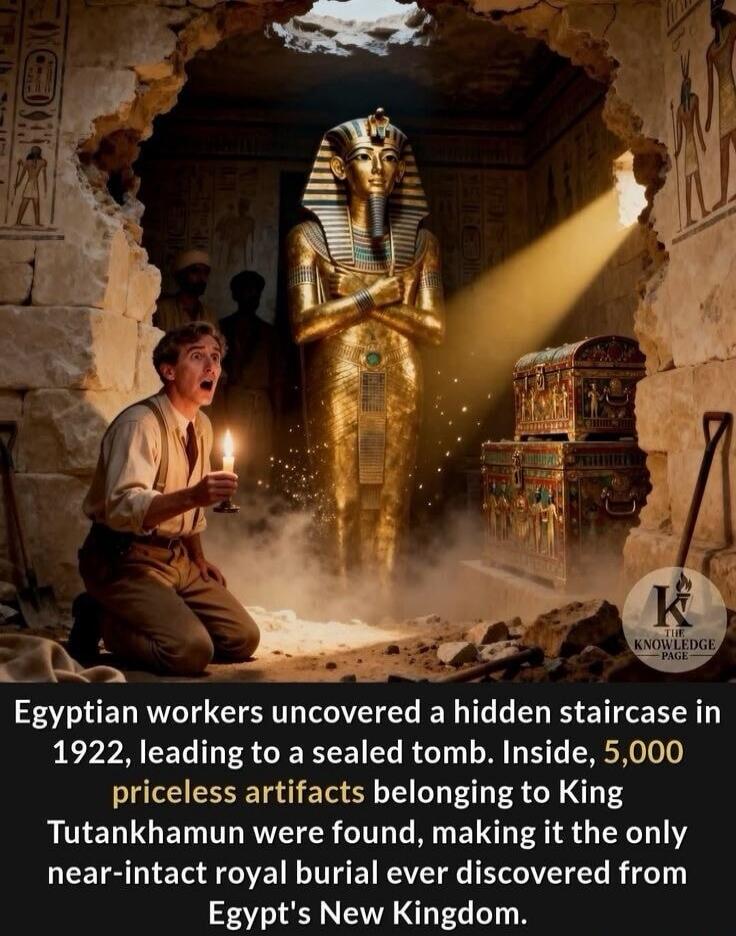 Egyptian workers uncovered a hidden staircase in 1922, leading to a sealed tomb. Inside, 5,000 priceless artifacts belonging to King Tutankhamun were found, making it the only near-intact royal burial ever discovered from Egypt's New Kingdom. The Knowledge Page.