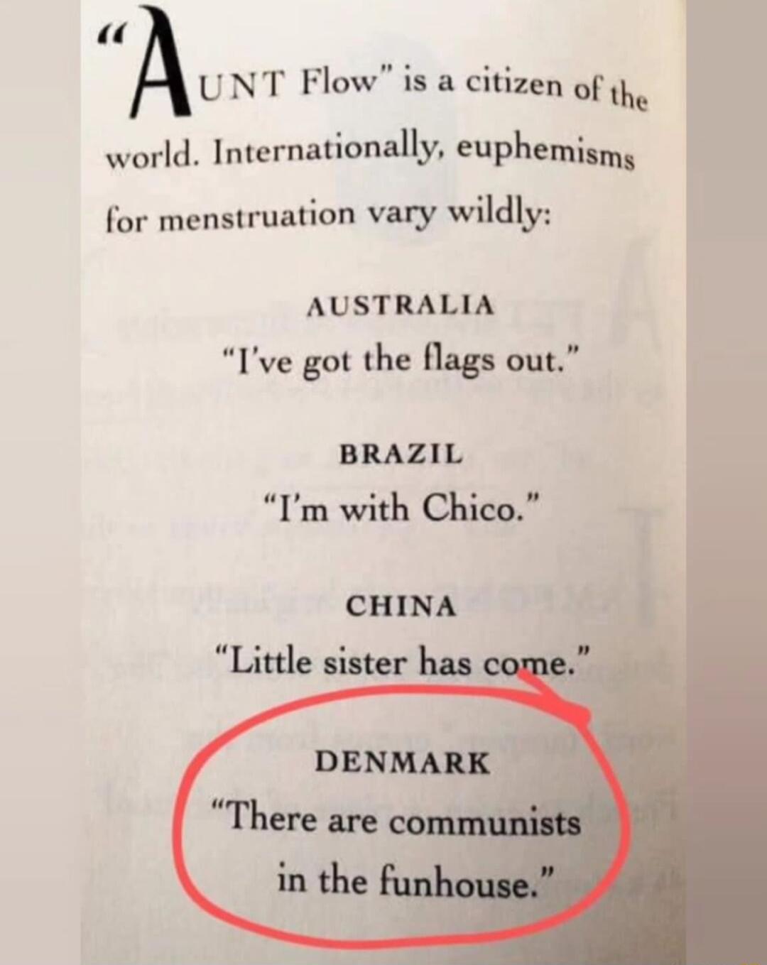 i UNT Flow is a citizen of the world Internationally euphemismg for menstruation vary wildly AUSTRALIA Ive got the flags out BRAZIL Im with Chico CHINA Little sister has
