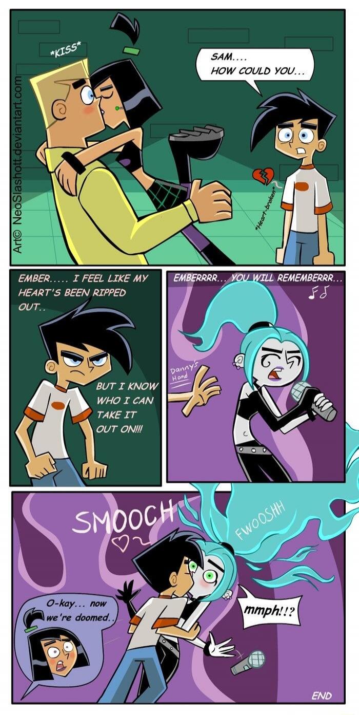 KISS. Sam... How could you... Heart-broken. Ember... I feel like my heart's been ripped out... But I know who I can take it out on!!! Emberrr... You will rememberrr... Danny's Hand. SMOOCH. O-kay... now we're doomed. mmph!!? FWOOSHH. END.
