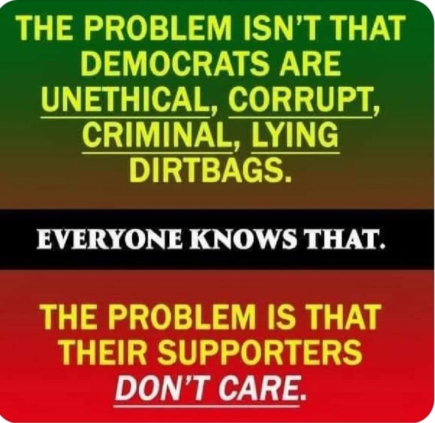 THE PROBLEM ISN'T THAT DEMOCRATS ARE UNETHICAL, CORRUPT, CRIMINAL, LYING DIRTBAGS. EVERYONE KNOWS THAT. THE PROBLEM IS THAT THEIR SUPPORTERS DON'T CARE.
