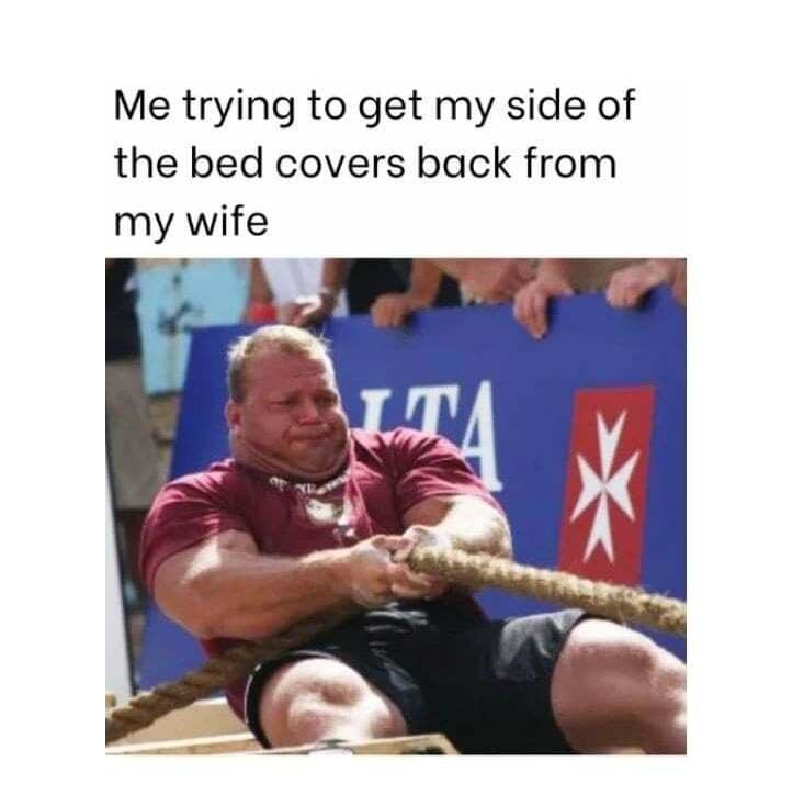 Me trying to get my side of the bed covers back from my wife