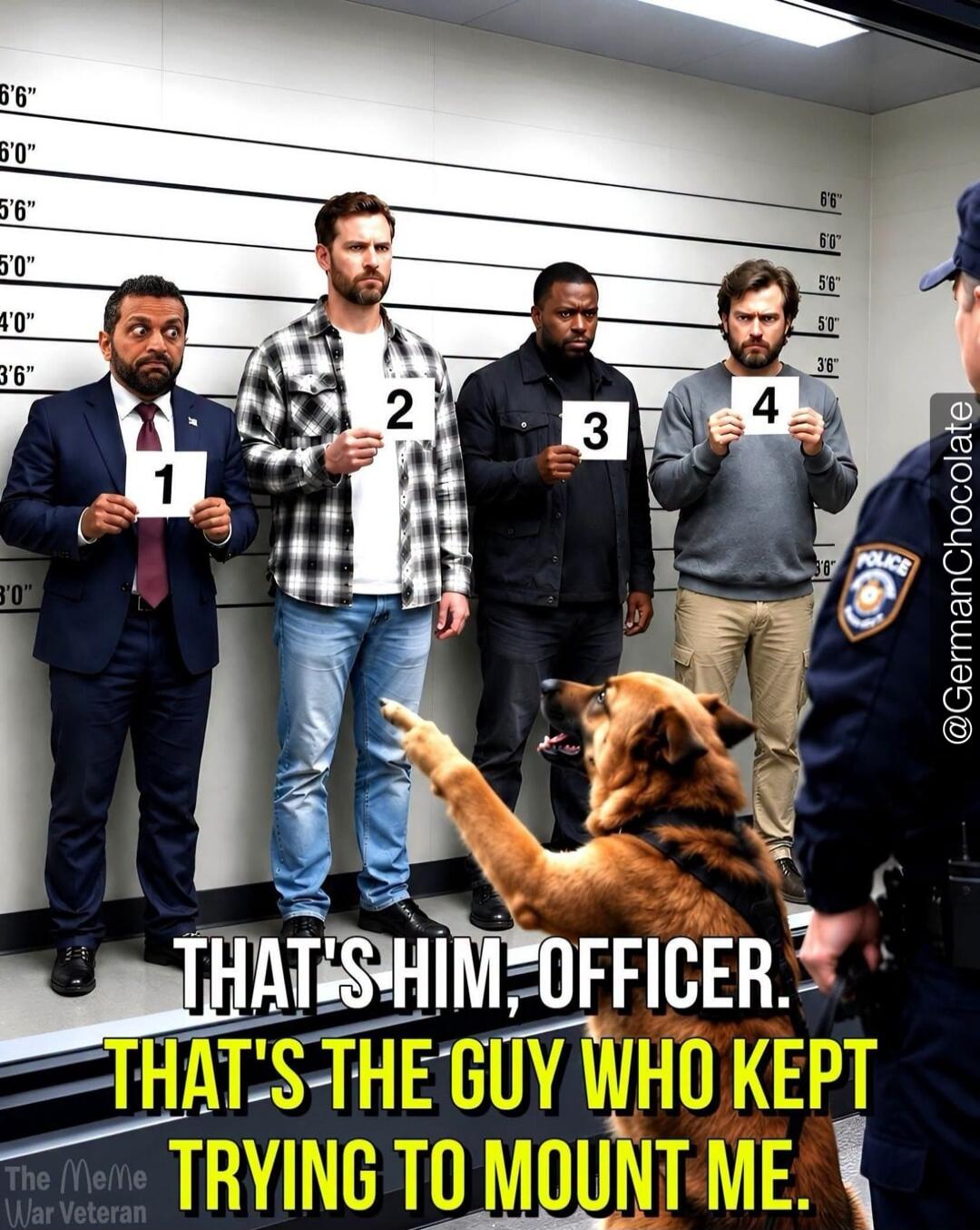 THAT'S HIM, OFFICER. THAT'S THE GUY WHO KEPT TRYING TO MOUNT ME. The Meme War Veteran @GermanChocolate