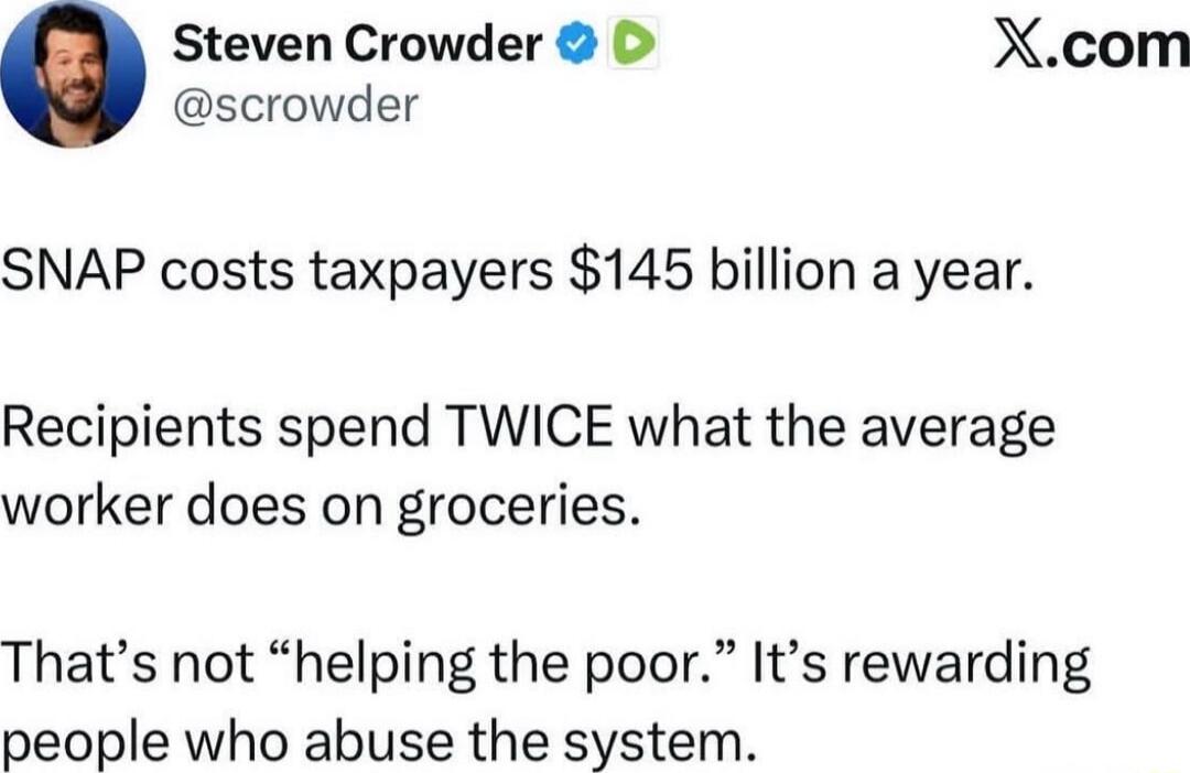 SNAP costs taxpayers $145 billion a year.
Recipients spend TWICE what the average worker does on groceries.
That’s not “helping the poor.” It’s rewarding people who abuse the system.