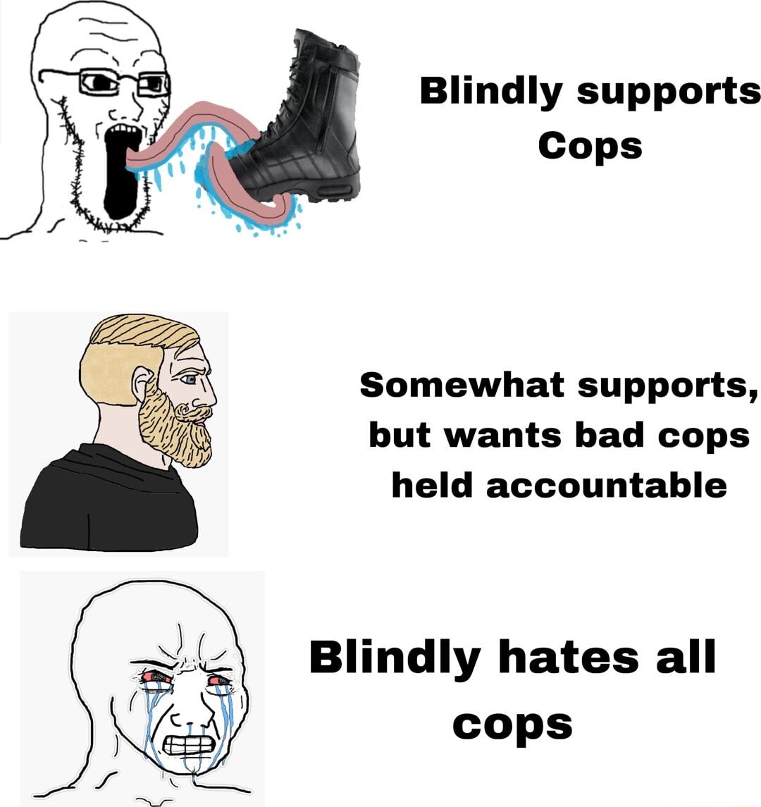 Blindly supports Cops Somewhat supports but wants bad cops held accountable Blindly hates all cops