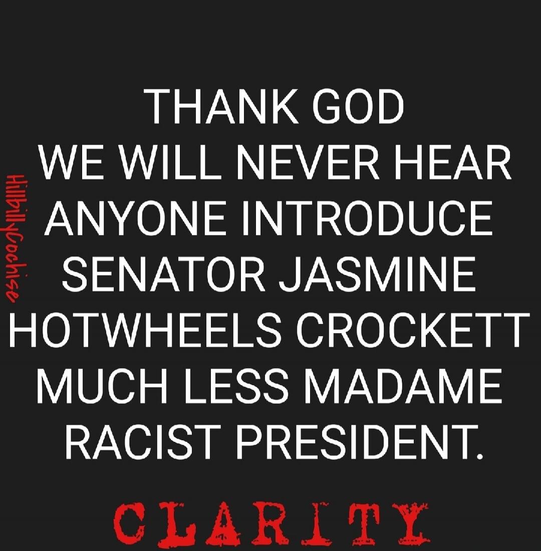 THANK GOD WE WILL NEVER HEAR ANYONE INTRODUCE SENATOR JASMINE HOTWHEELS CROCKETT MUCH LESS MADAME RACIST PRESIDENT. CLARITY