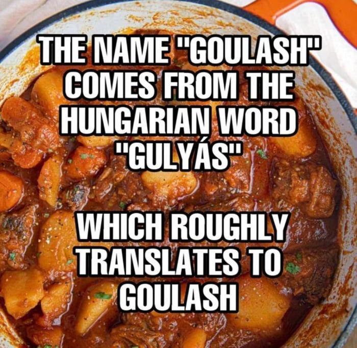 THENAME GOULASH COMES FROM THE _HUNGARIANIWORD GULYAS A S WHICH ROUGHLY TRANSIATESTO yeouASH
