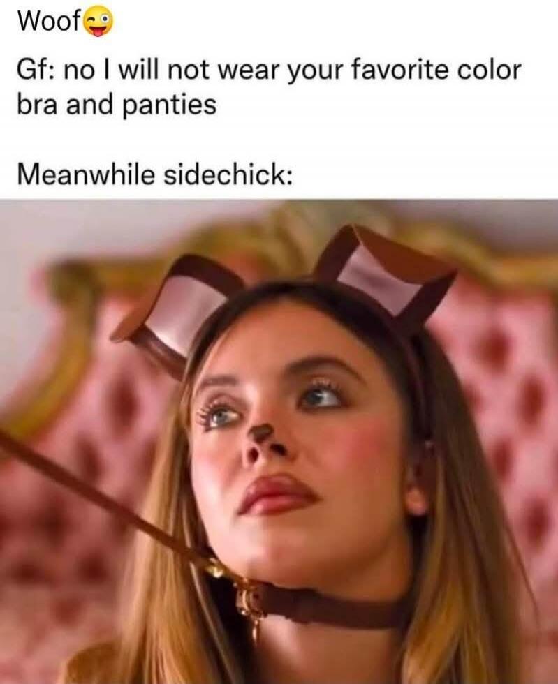 Woof. Gf: no I will not wear your favorite color bra and panties. Meanwhile sidechick: