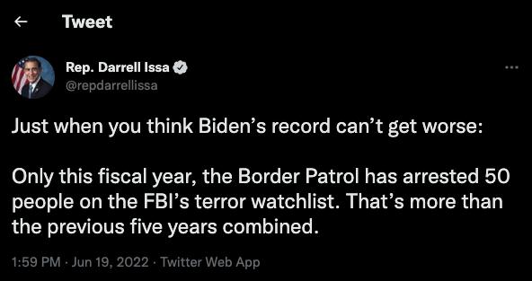 Tweet n Rep Darrell Issa Just when you think Bidens record cant get worse oL UV IR ELEIRVEETAR N NG B G EEETEEE CR R o people on the FBIs terror watchlist Thats more than the previous five years combined