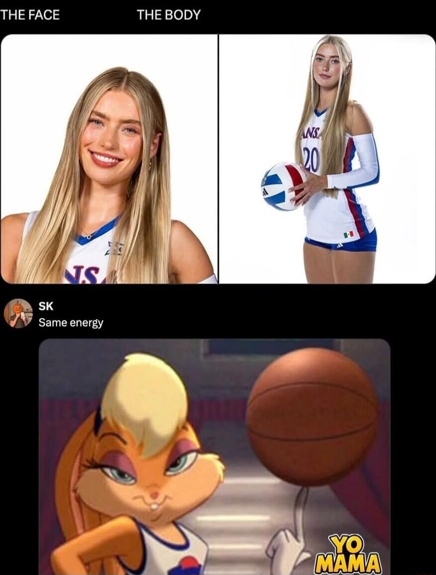 THE FACE THE BODY SK Same energy ANS 20 YO MAMA. A meme comparing a female volleyball player's face and body to Lola Bunny from Space Jam, suggesting they have the 'same energy'.