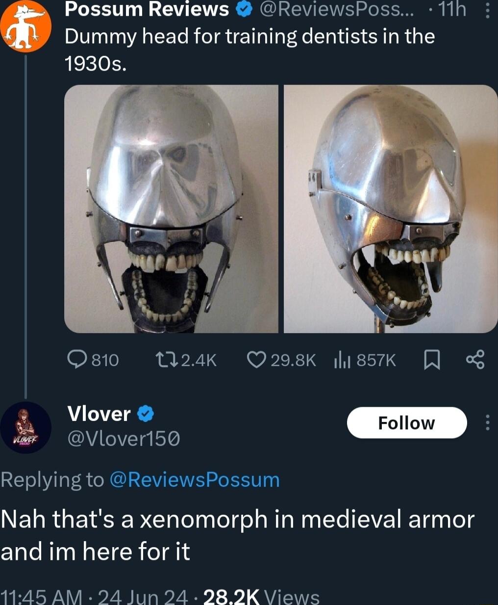 Possum Reviews ReviewsPoss 1Ih DI A TEET R TR CETT o R TN SRR Y 1930s XTo T o B 301 SR o B T 1 W o7 G U 4 Vlover Foll aviowrso Replying to ReviewsPossum Nah thats a xenomorph in medieval armor and im here for it 1145 AM 24 Jun 24 28 2K Views