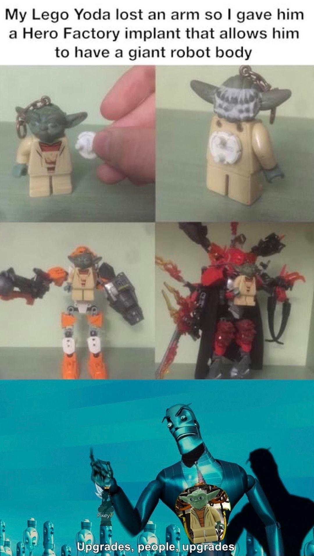 My Lego Yoda lost an arm so gave him a Hero Factory implant that allows him to have a giant robot body
