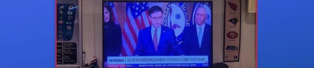 NEWSMAX. HOUSE SPEAKER JOHNSON HEADS TO FLORIDA TO MEET WITH TRUMP. 10:20 AM LIVE. AMERICA... EMERSON POLL: TRUMP, SEN. SCOTT POISED FOR FLA. WINS...