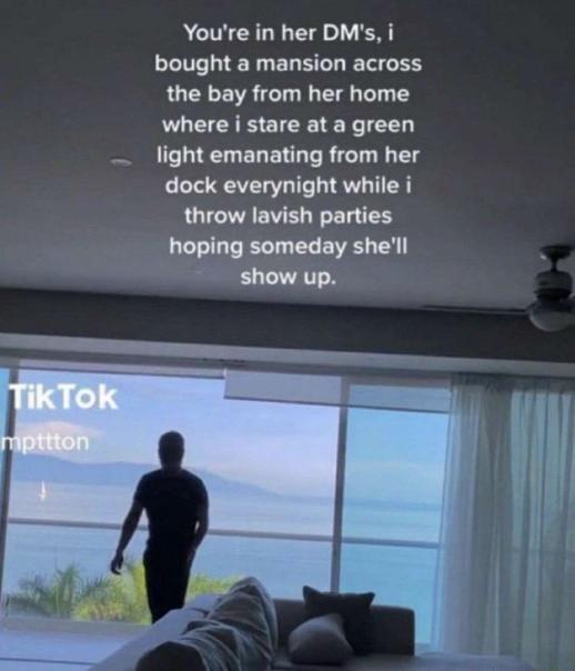 Youre in her DMs i bought a mansion across the bay from her home where i stare at a green LN R T T dock everynight while i throw lavish parties hoping someday shell show up