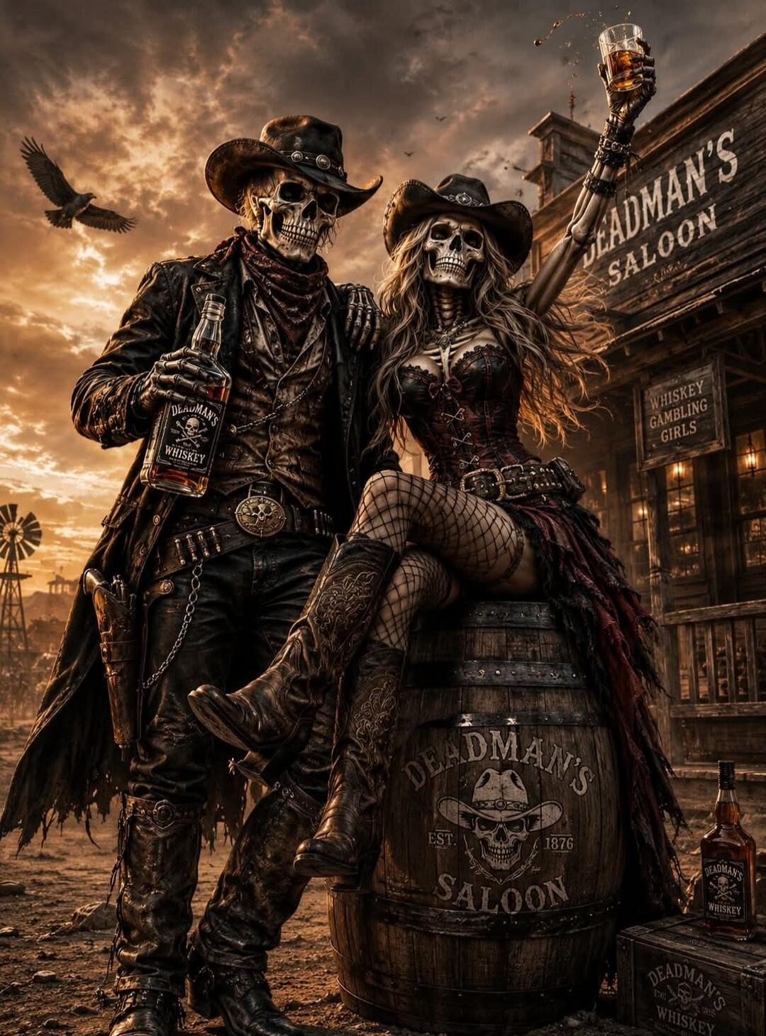DEADMAN'S SALOON WHISKEY GAMBLING GIRLS DEADMAN'S WHISKEY EST. 1876