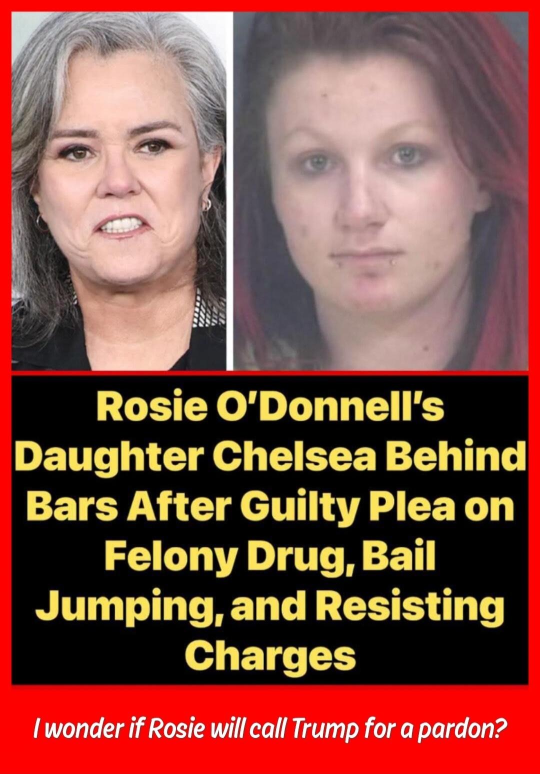 Rosie O'Donnell's Daughter Chelsea Behind Bars After Guilty Plea on Felony Drug, Bail Jumping, and Resisting Charges. I wonder if Rosie will call Trump for a pardon?