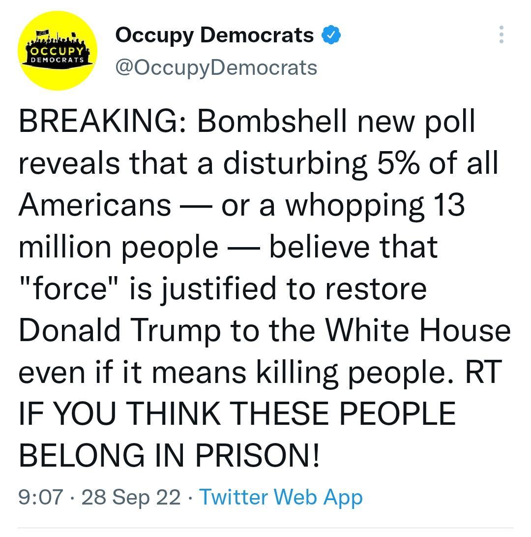 e Occupy Democrats OccupyDemocrats BREAKING Bombshell new poll reveals that a disturbing 5 of all Americans or a whopping 13 million people believe that force is justified to restore Donald Trump to the White House even if it means killing people RT IF YOU THINK THESE PEOPLE BELONG IN PRISON 907 28 Sep 22 Twitter Web App