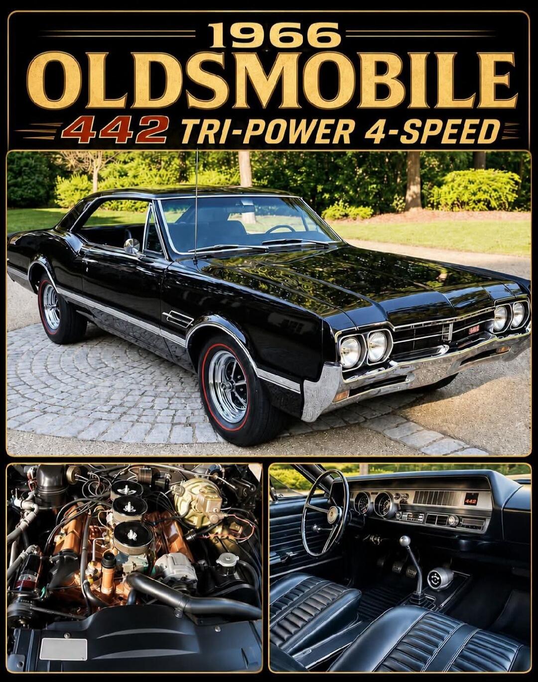 1966 Oldsmobile 442 Tri-Power 4-Speed. A classic black Oldsmobile 442 coupe, showcasing its exterior, engine bay with tri-power carburetors, and interior with a 4-speed manual transmission.