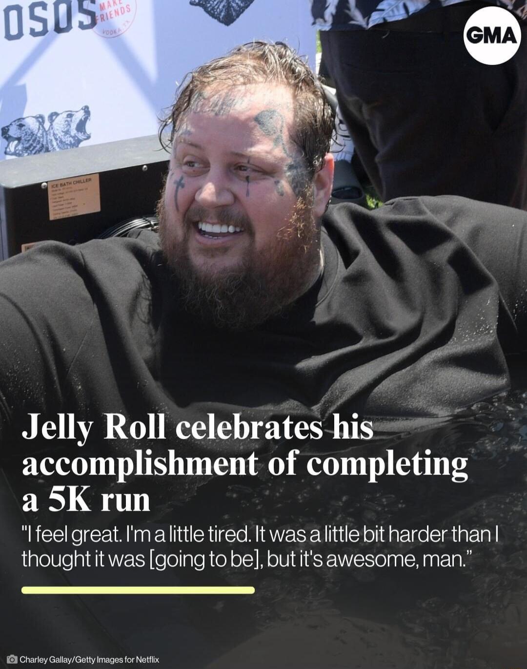 7 Jelly Roll celebrates his accomplishment of completing a 5K run RECE eI CEMTG VU NI RE T oa T e g o thought it was going to be butits awesome man 8 Cratey ot